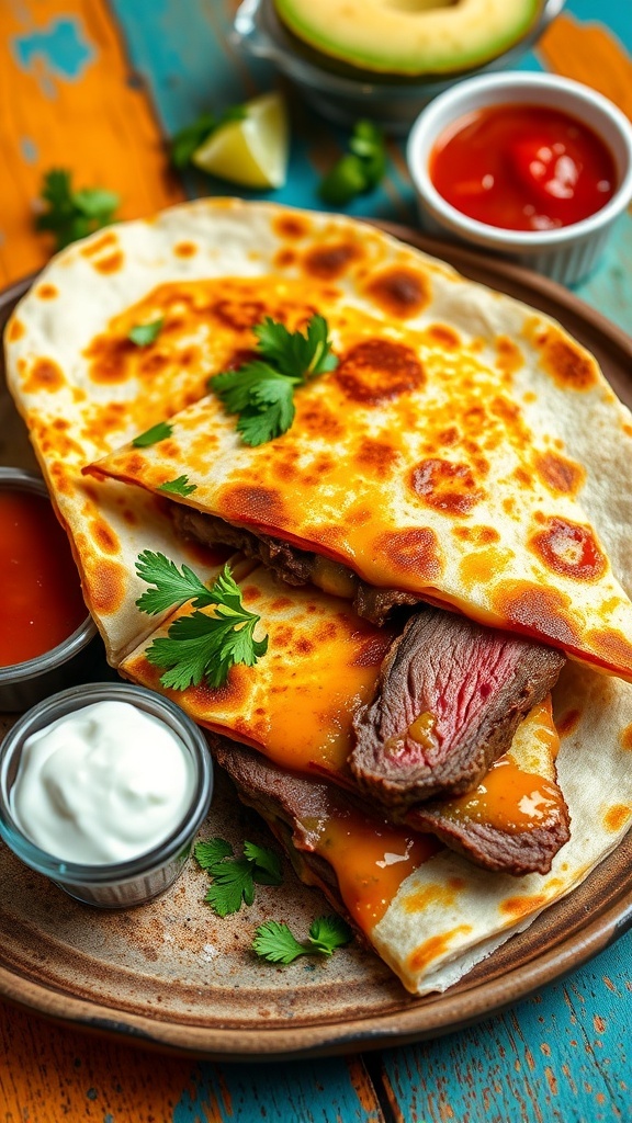 Golden brown steak quesadilla filled with cheese and steak, served with salsa, sour cream, and guacamole.